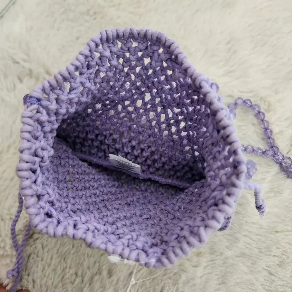 J.Crew Purple Knitted Crochet Pouch Bag Beaded Strap Drawstring - New BY236